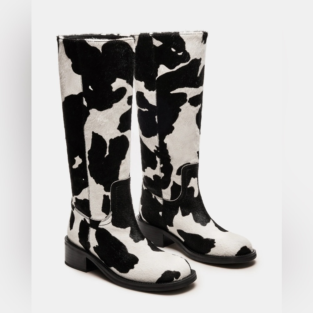 NEW Steve Madden Black and White Cow Print Tall Western Boots
